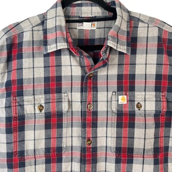 CARHARTT Shirt Men's Size L Tall Grey Blue Red Hubbard Plaid Long Sleeve - Picture 2 of 8